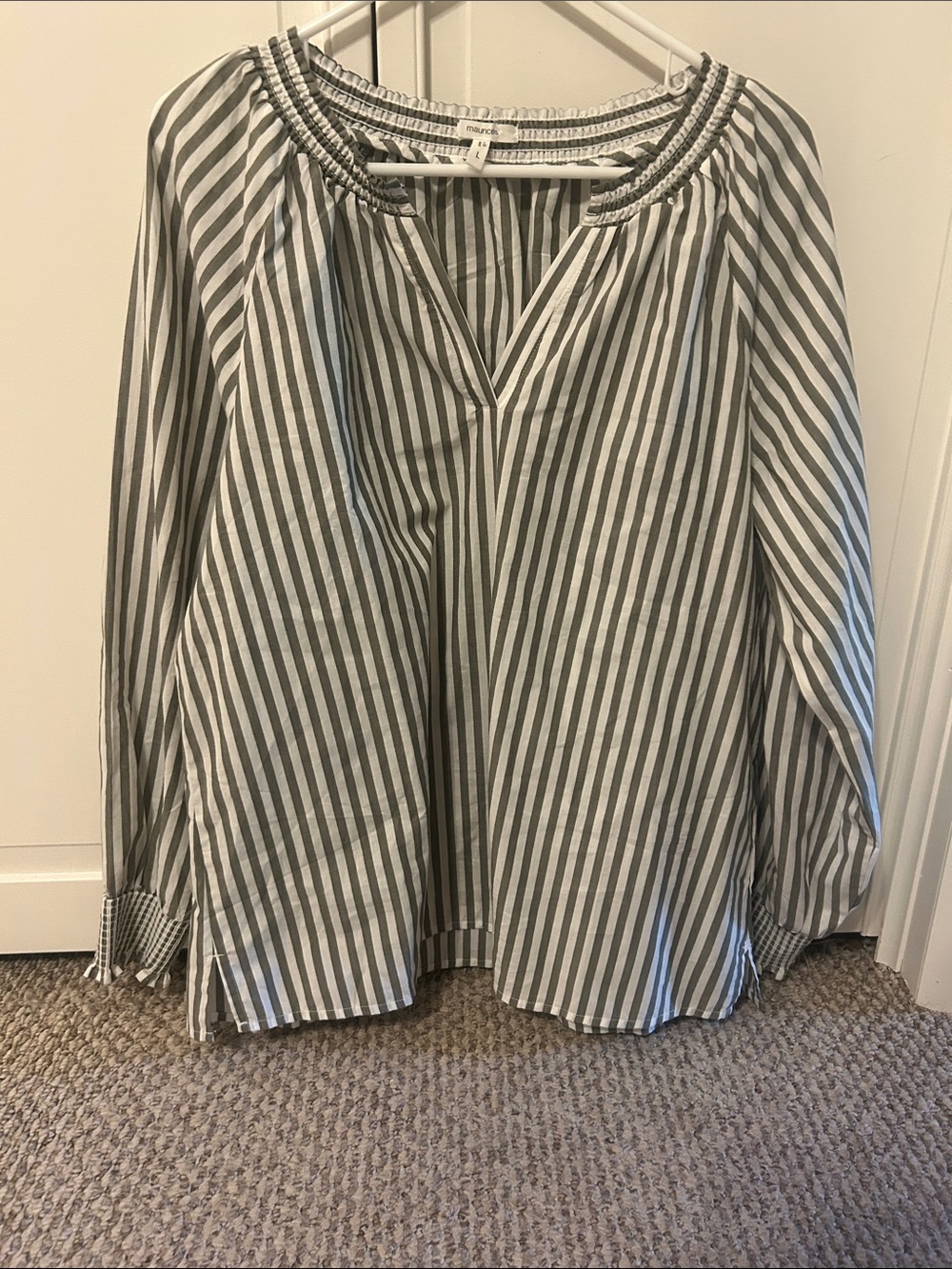 Maurices Gray and White Striped Split-Neck Peasant Blouse